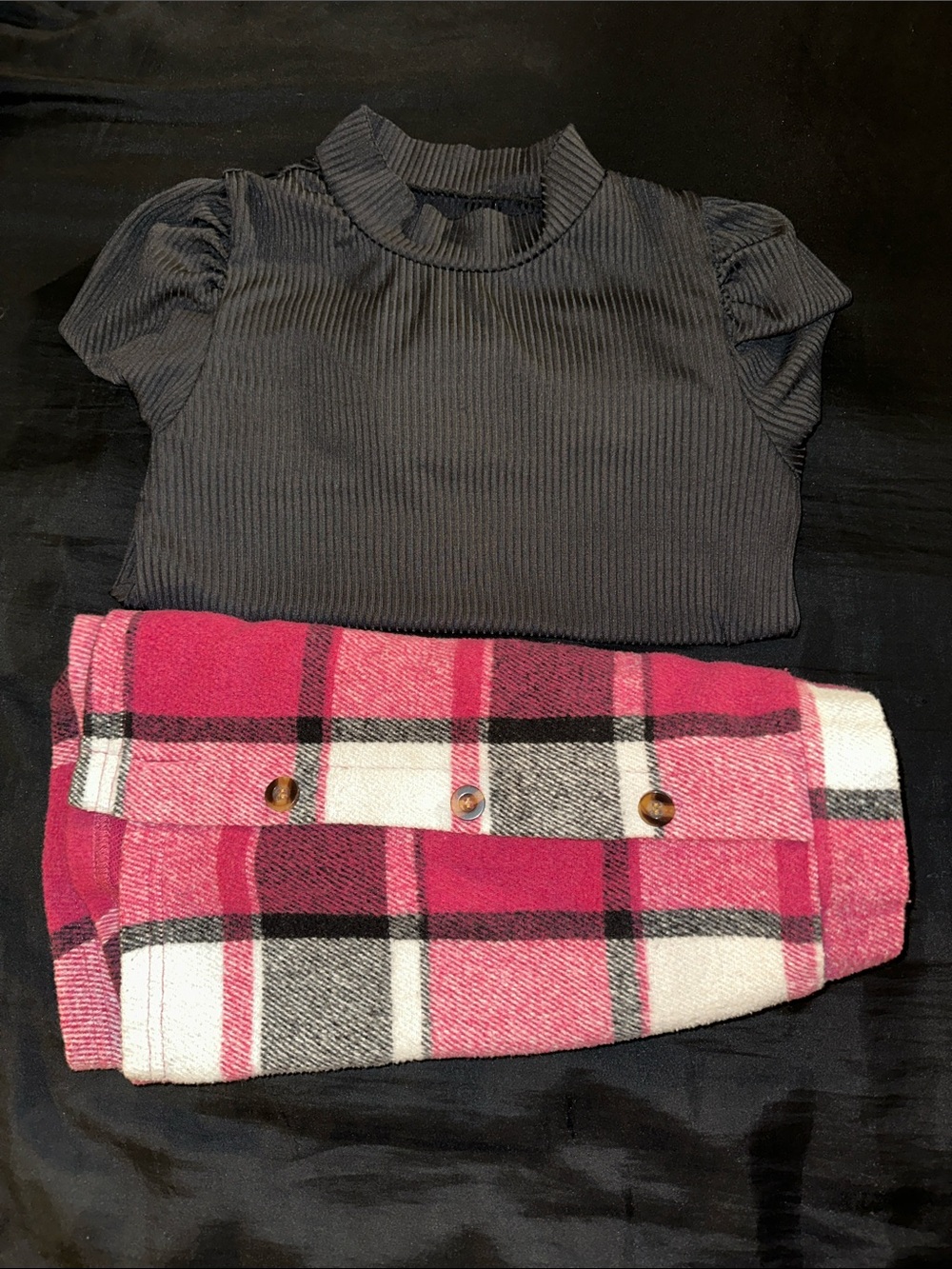 Girls Black Ribbed long sleeve, plaid skirt